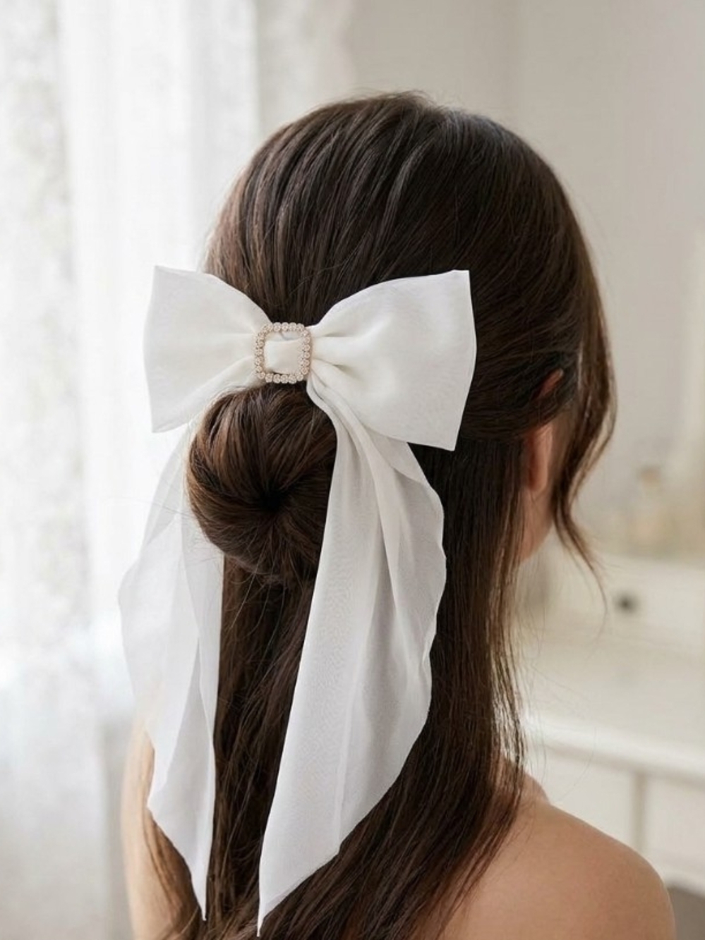 Elegant White Bow Hair Tie with Rhinestone Accent